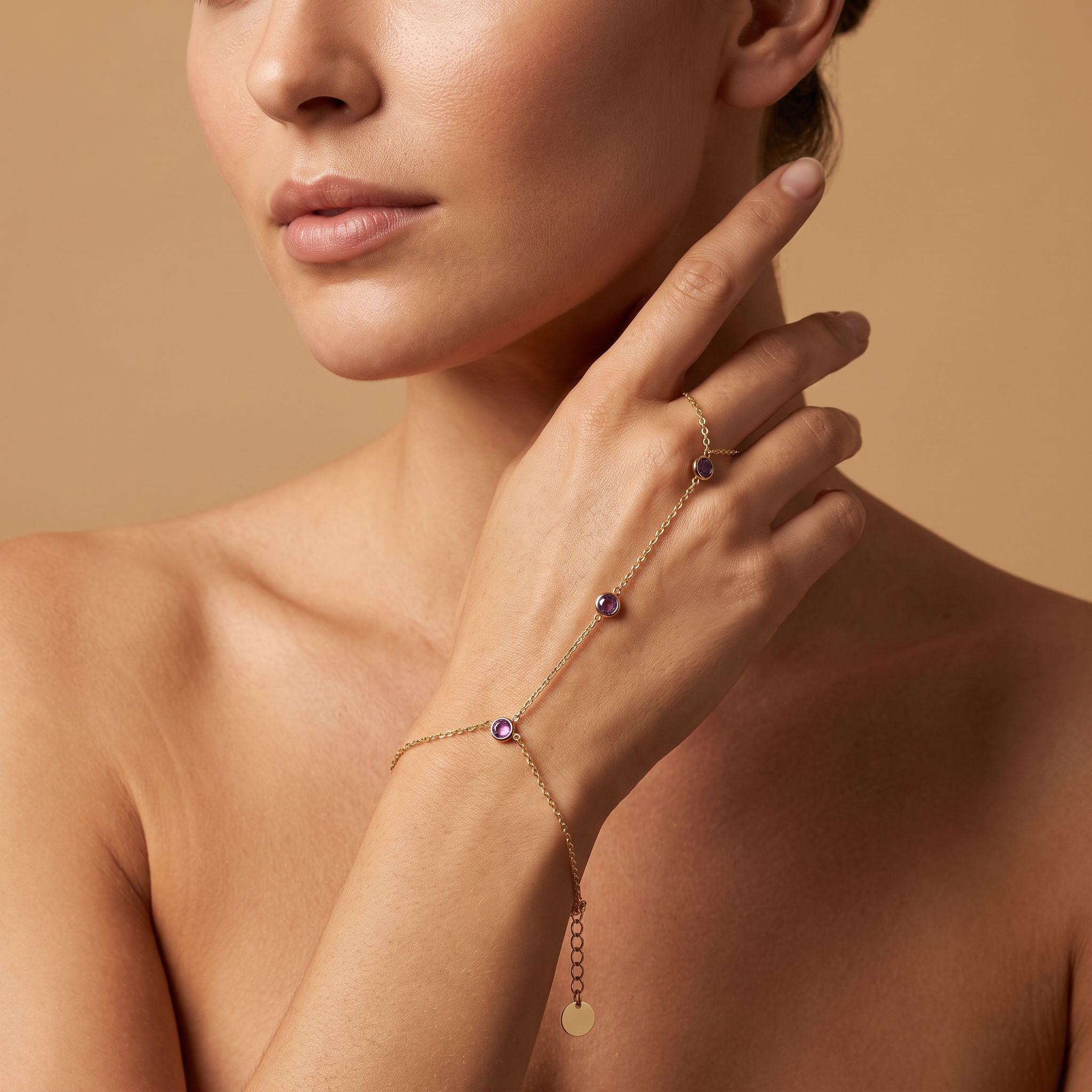 Rivière Amethyst Hand Chain - worn, editorial