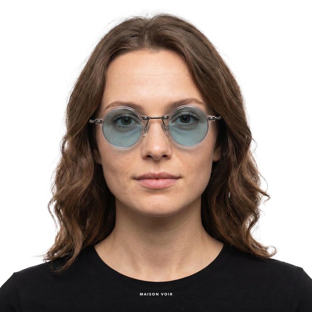 Bali - Transparent with Blue Lenses - model female