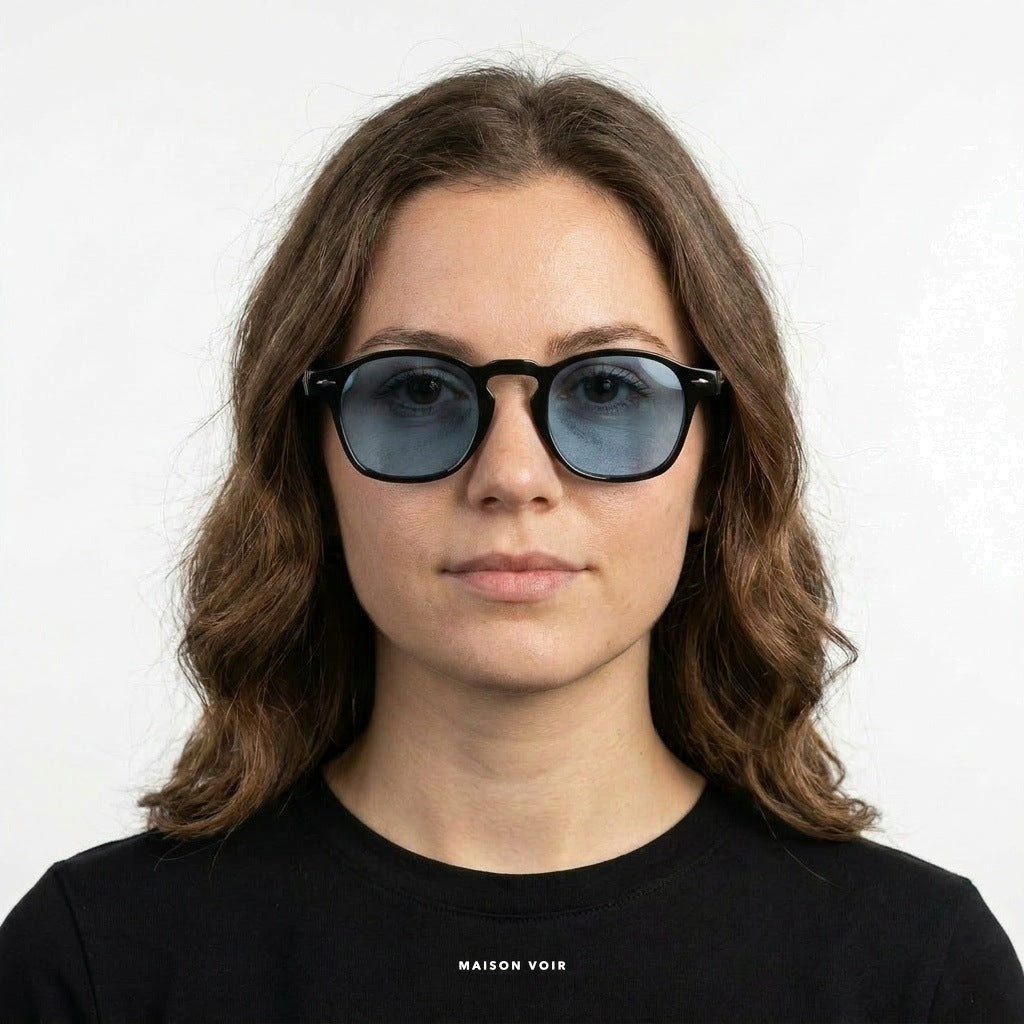 Ibiza - Black with Blue Lenses - model female