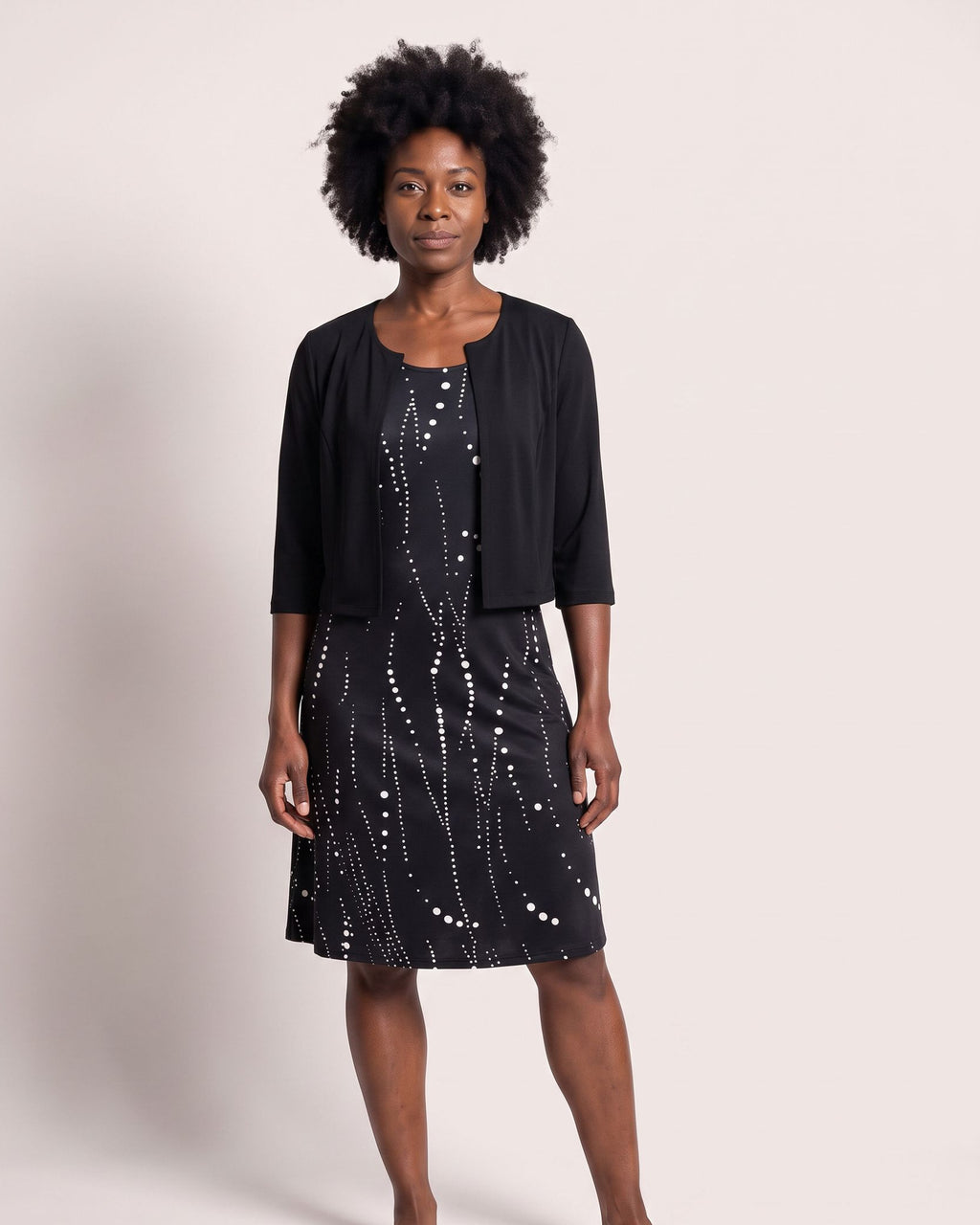 The Bandol Dress & Cardigan - [Black Polka Dot] - front