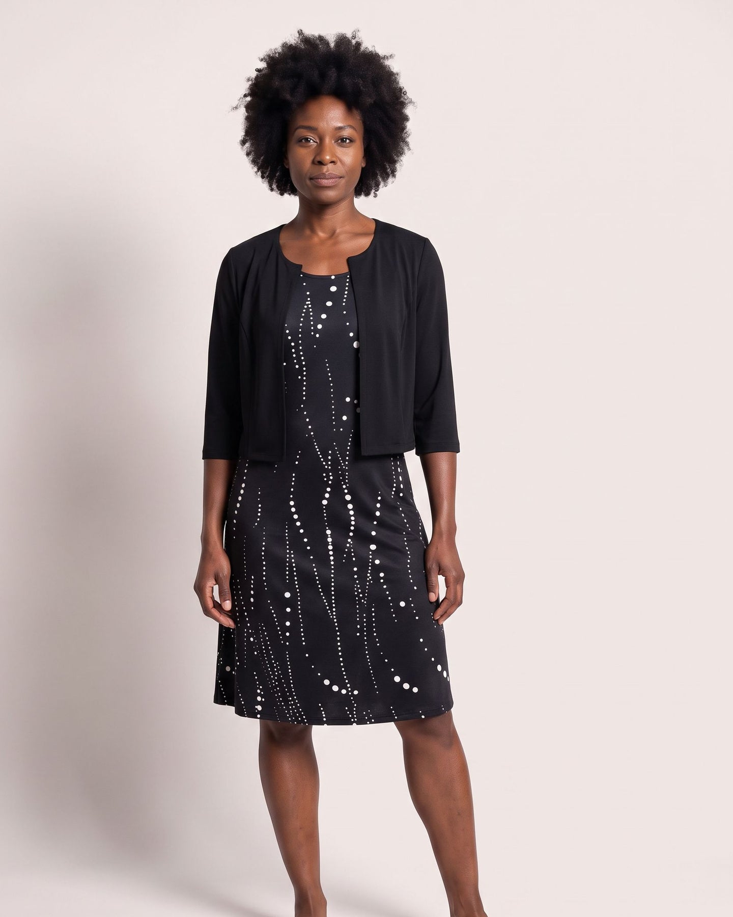 The Bandol Dress & Cardigan - [Black Polka Dot] - front