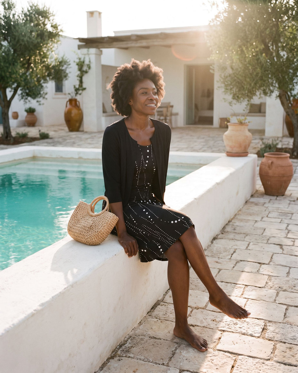 The Bandol Dress & Cardigan - [Black Polka Dot] - lifestyle