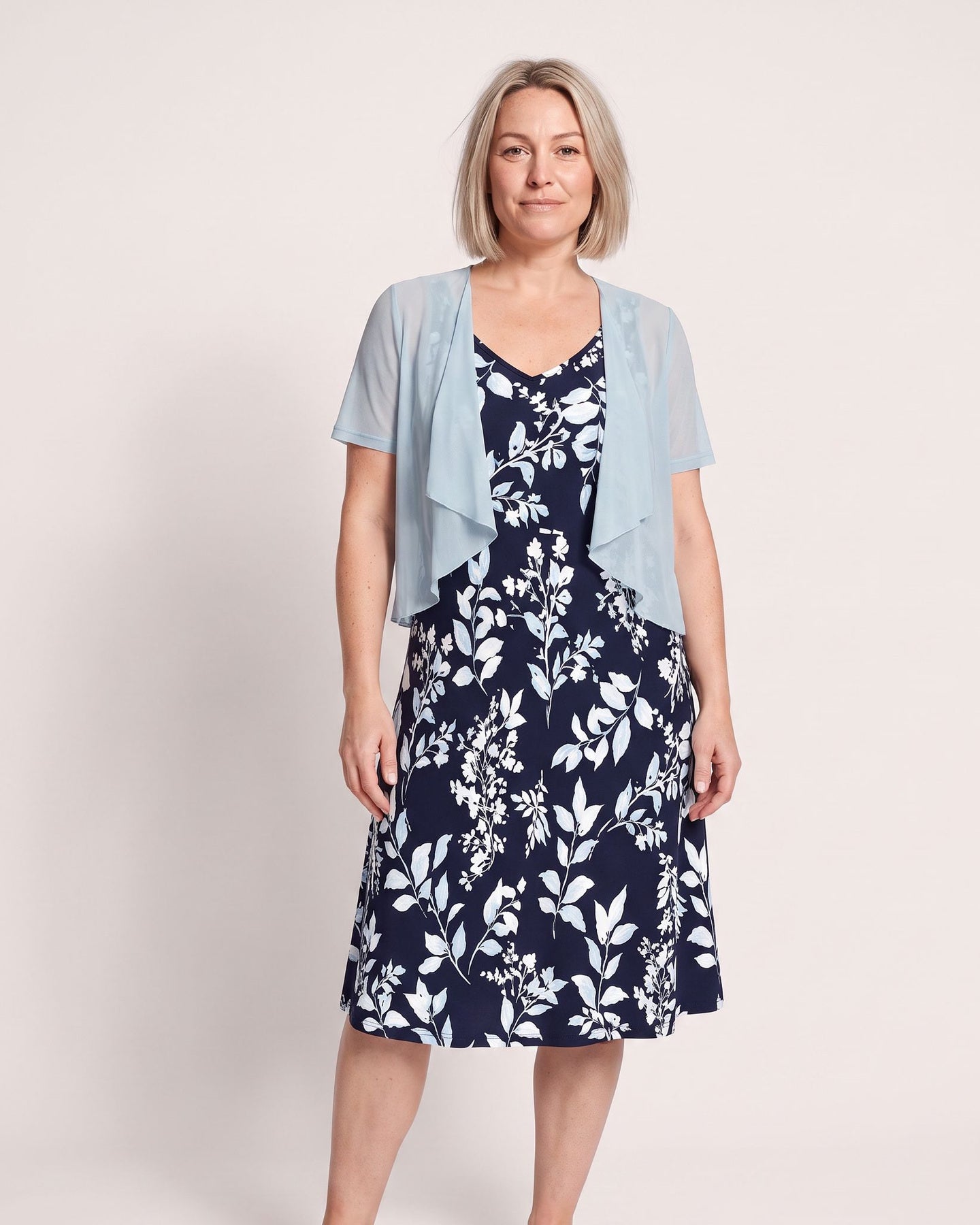 The Cassis Dress & Cardigan - [Light Blue Leaf] - front