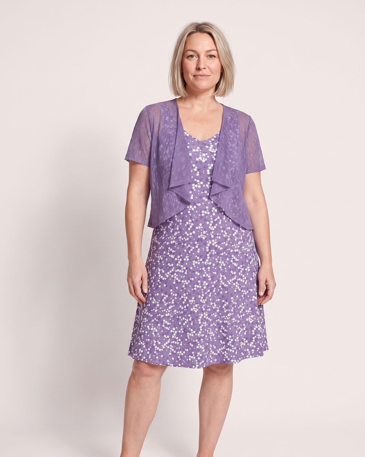The Cassis Dress & Cardigan - [Light Purple Floral] - front