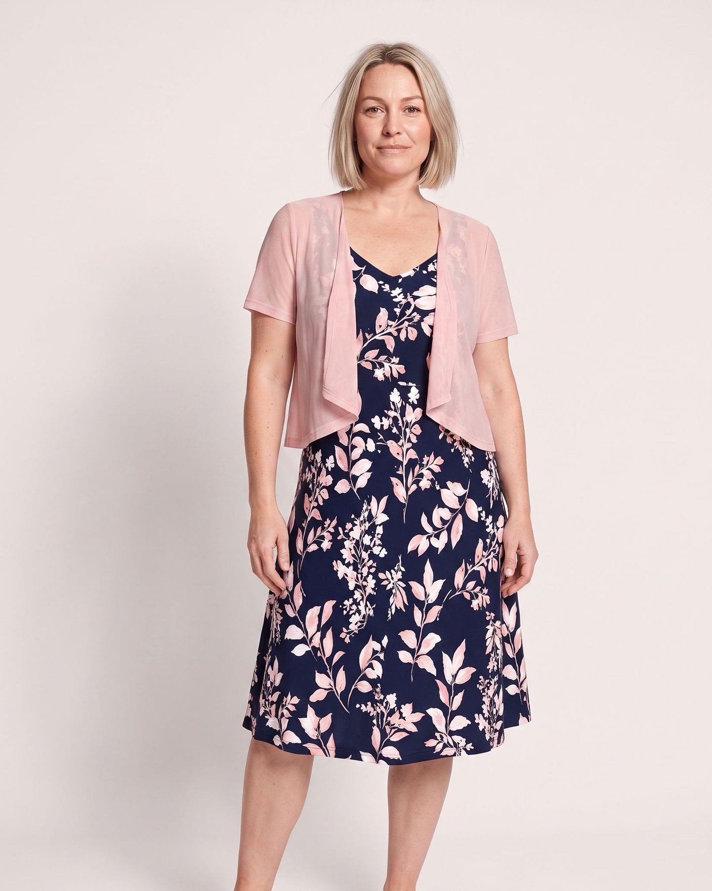 The Cassis Dress & Cardigan - [Pink Leaf] - front