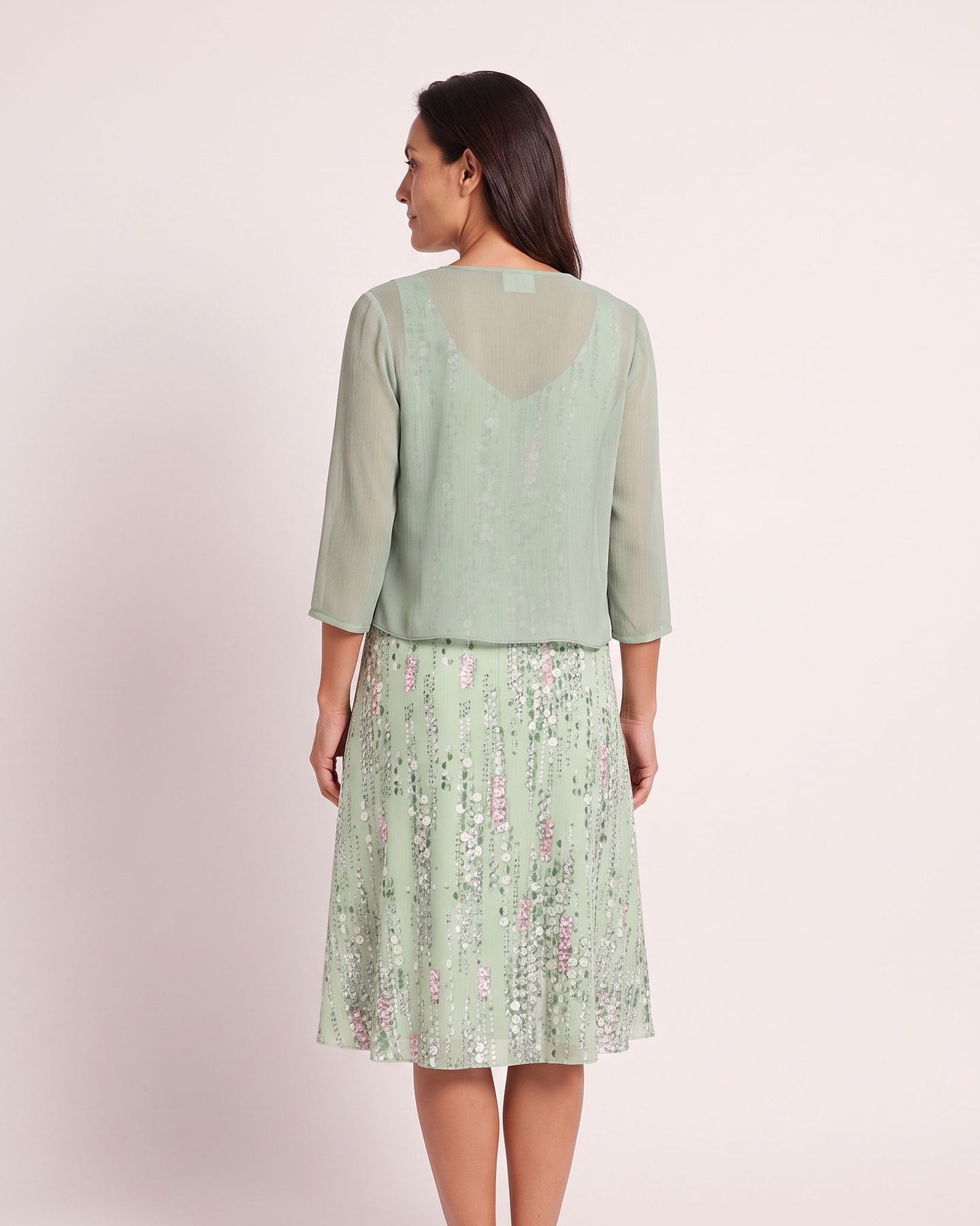 The Lindos Dress & Cardigan - [Light Green Geometric] - back
