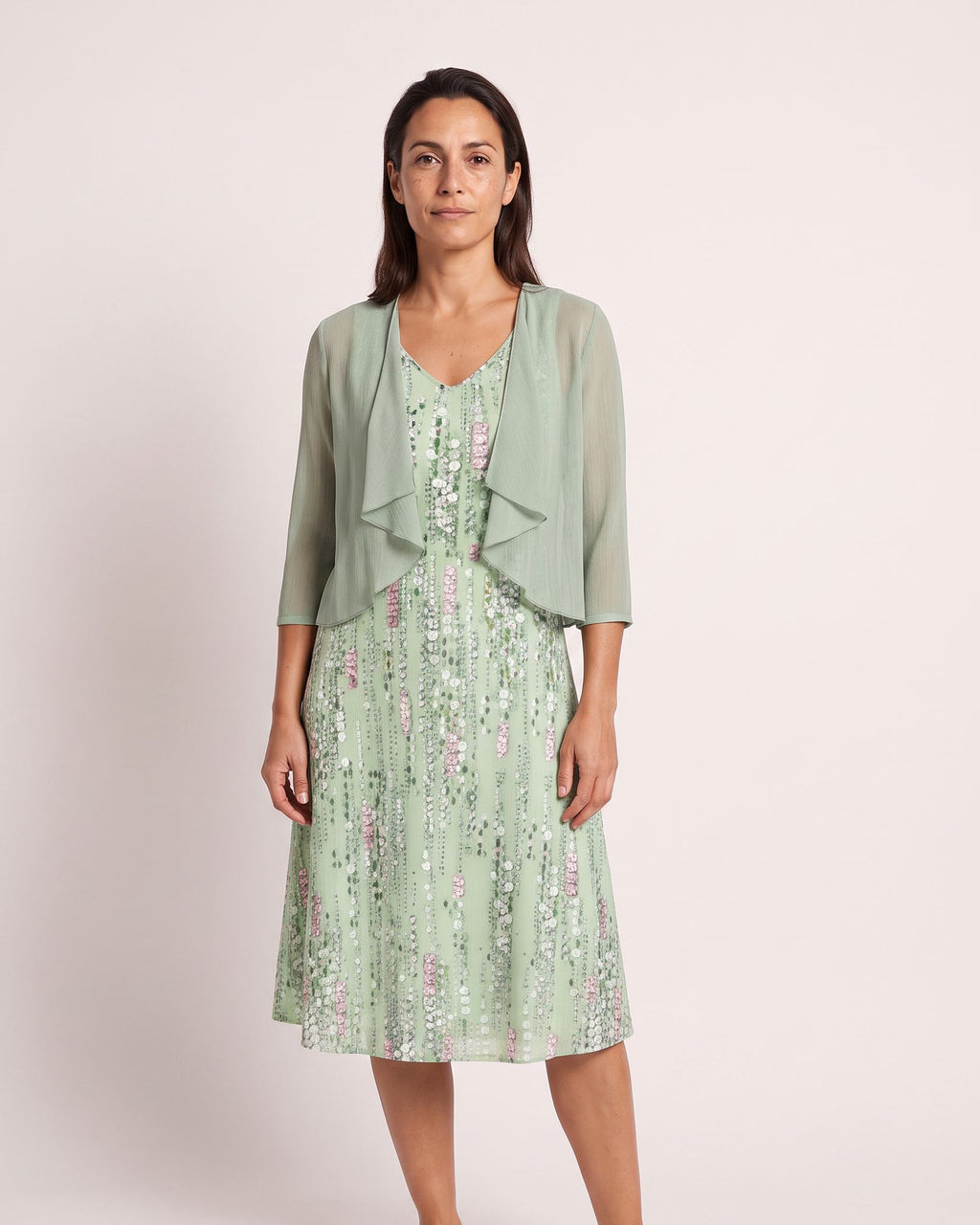 The Lindos Dress & Cardigan - [Light Green Geometric] - front