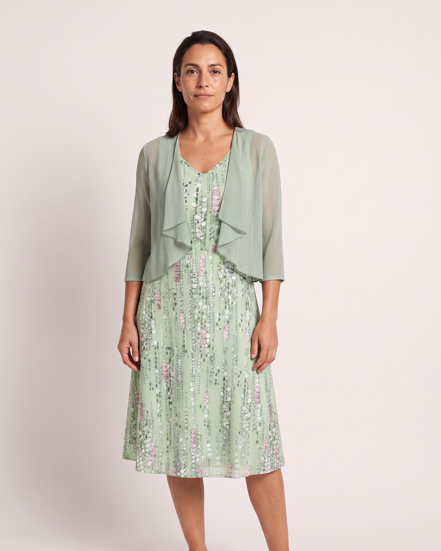 The Lindos Dress & Cardigan - [Light Green Geometric] - front